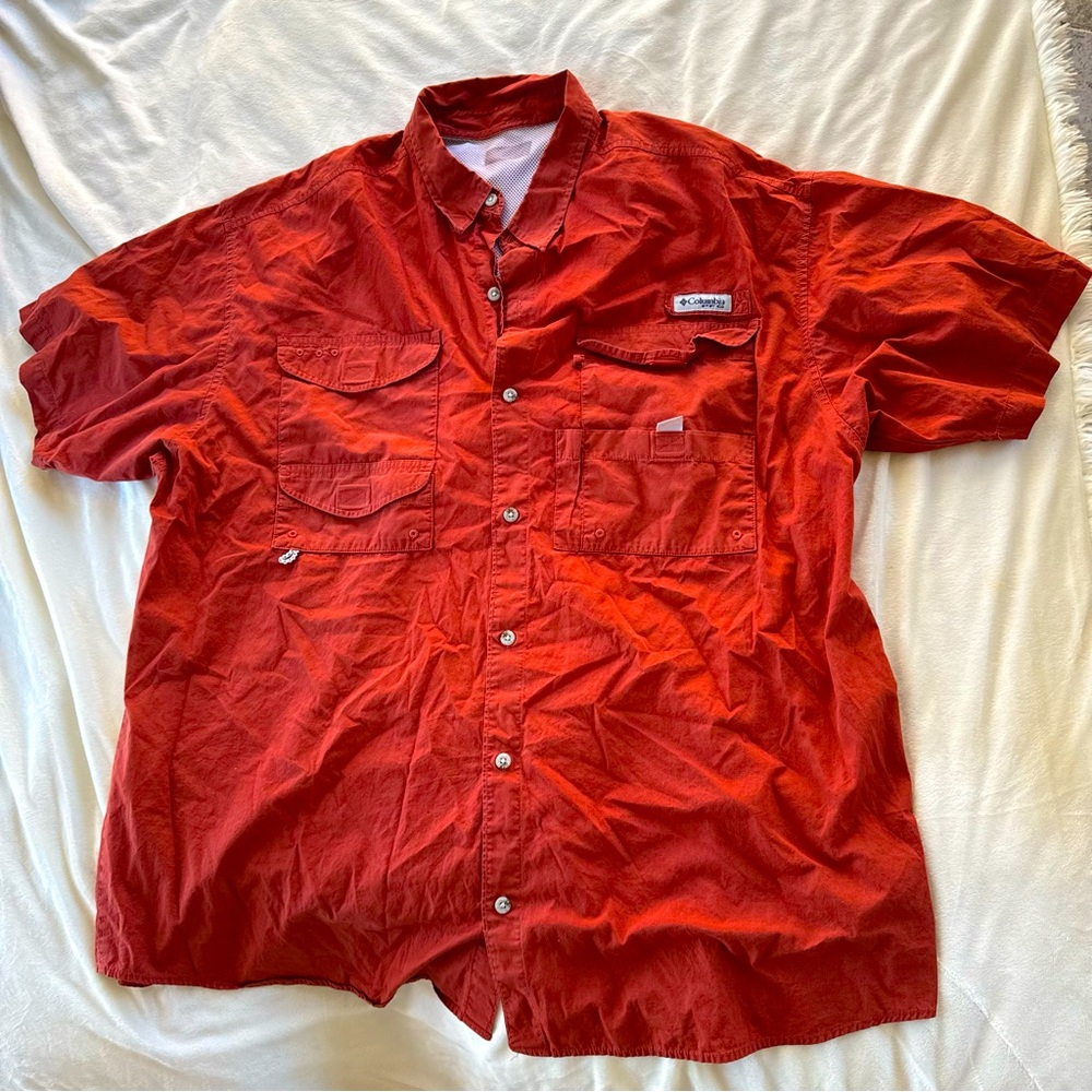 Columbia PFG short sleeve button-down shirt orange/red color